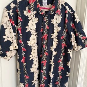 Old Navy Navy Floral Button-Down Shirt with Cream & Red Accents